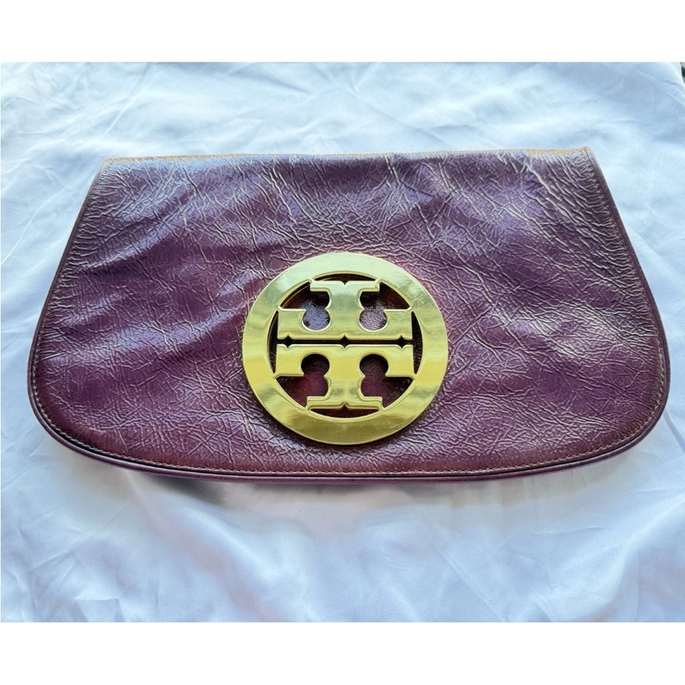 Tory Burch Large Plum Clutch with Gold Logo